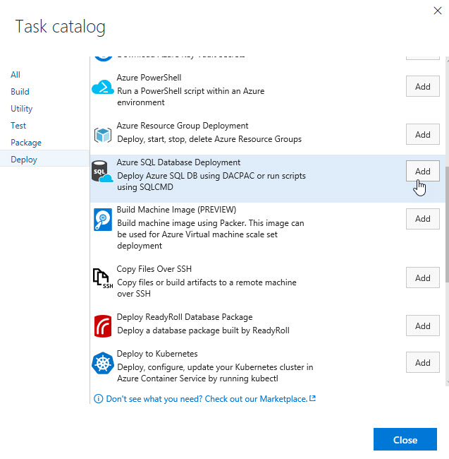 In the Task catalog, Azure SQL Database Deployment is selected.